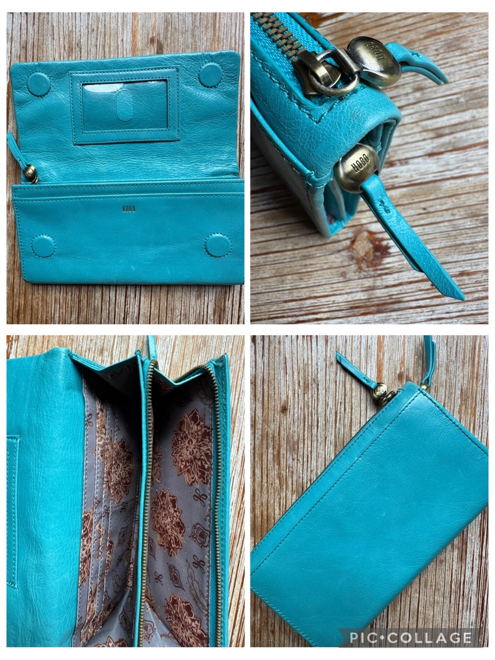 HOBO Polished Leather Turquoise Magnetic Zip Wallet Clutch